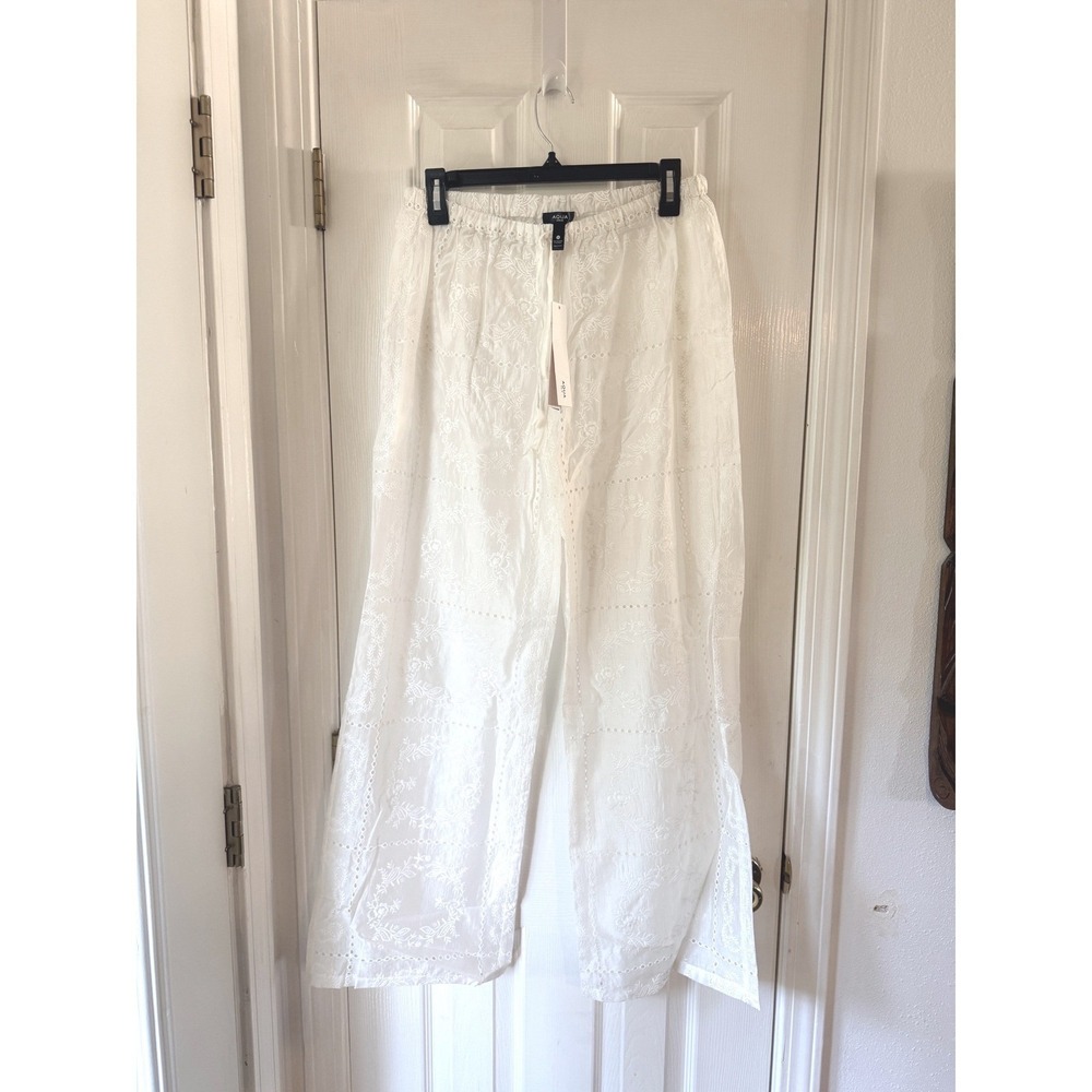 AQUA Embroidered Swim Cover-Up Pants Eggshell White Wide Leg Sheer NWT Large